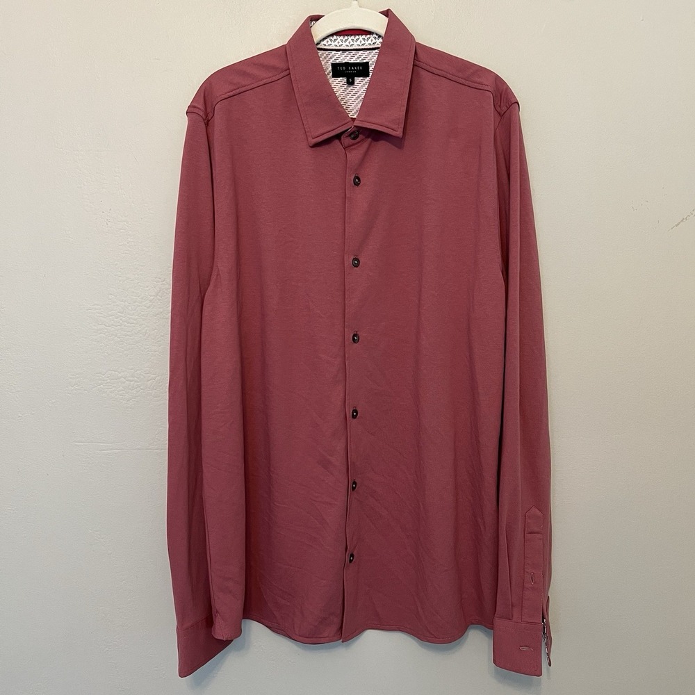 Ted Baker London Mens Pique Knit Button Down Shirt Dusty Rose Pink Size 5 XL‎